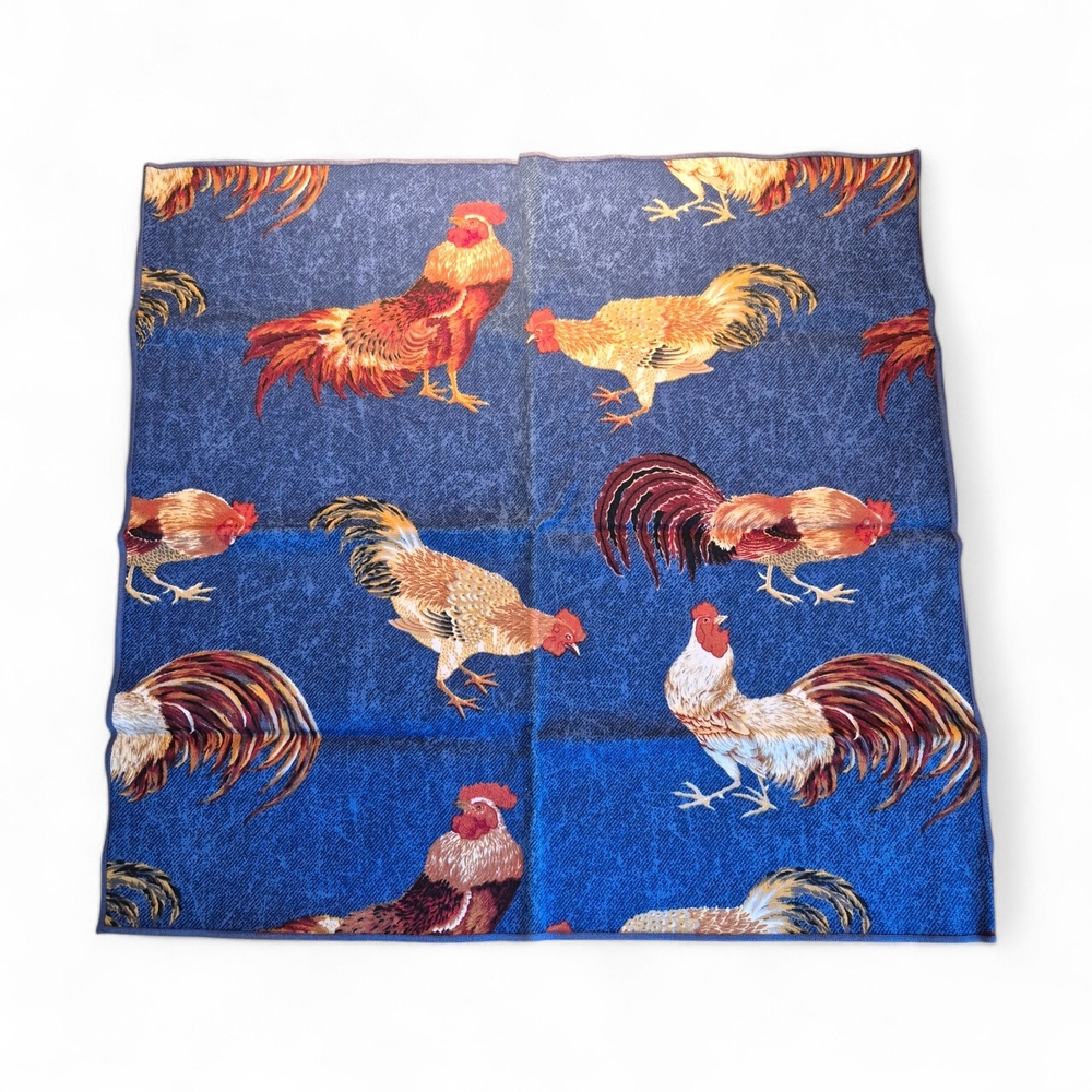 VTG Napkins/Fabric squares  "Rise 'N' Shine Roosters on Blue" pattern - Kingsway